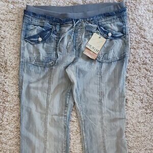 Suko Jeans Denim Womens Elastic Waist Size 12 Embellished Pockets Light Wash NWT
